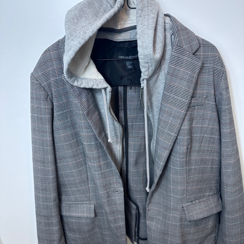 Cynthia Rowley Grey Plaid Blazer Jacket Hoodie Insert Layered Look XL - Picture 7 of 11